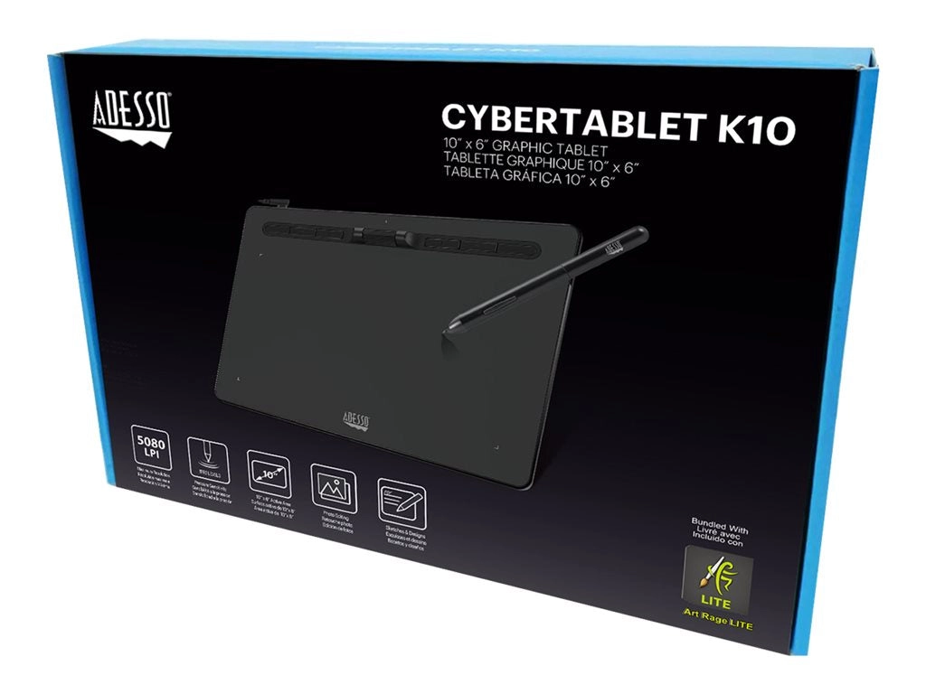 Adesso CyberTablet K10 - Digitizer - 10 x 6 in - electromagnetic - 6 buttons - wired - USB-C - black CYBERTABLETK10