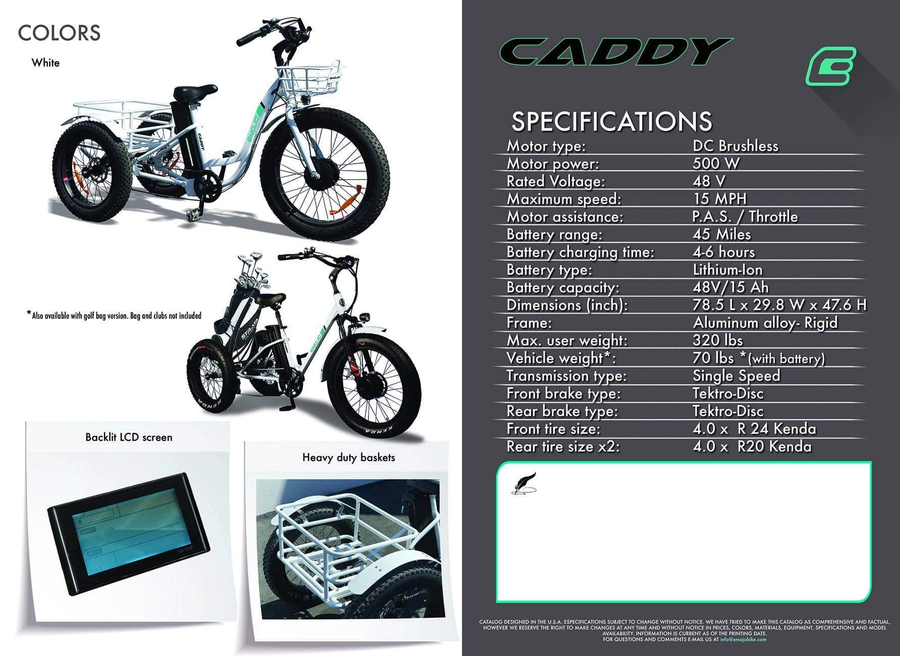 Emojo Caddy Pro Electric Trike [48V 500W Fat Tire Tricycle]