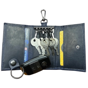 Leather Key Holder Smart Fob Car Key Loop Slim Keychain (Blue)