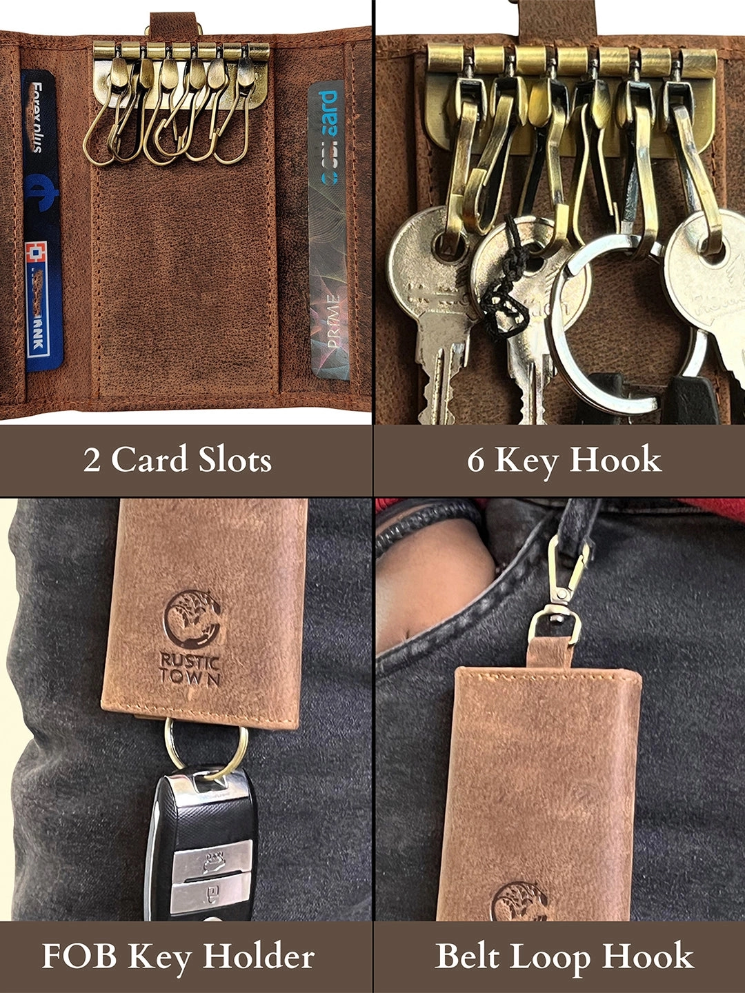 Leather Key Holder Smart Fob Car Key Loop Slim Keychain (Dark Brown)