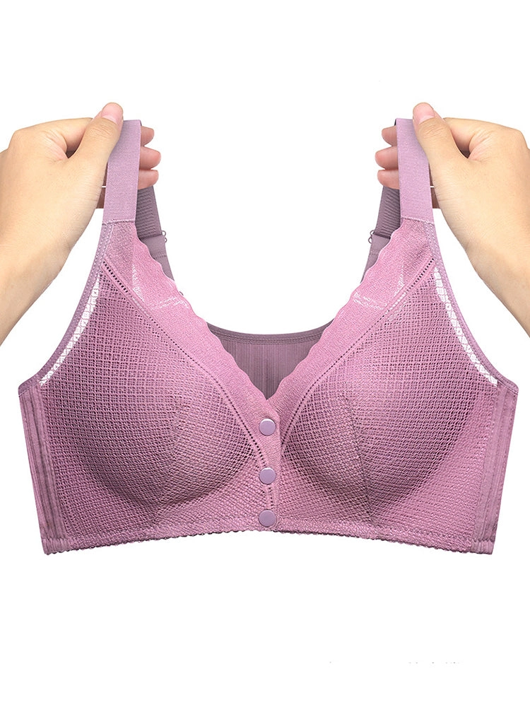 V-Neck Front Button Closure Cotton Wireless Bra