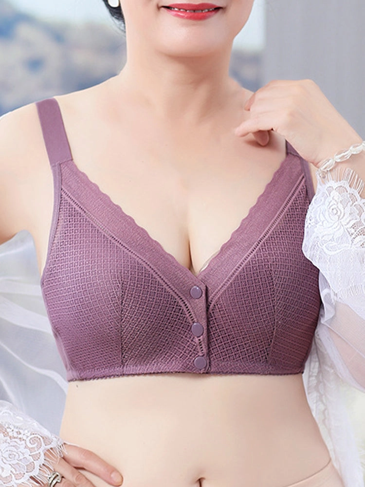 V-Neck Front Button Closure Cotton Wireless Bra
